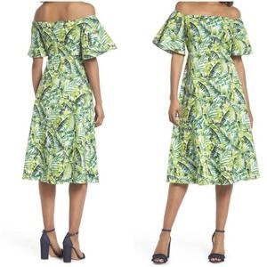 Clover & Sloane Tropical Leaf Print Midi Dress Off the Shoulder Dress
